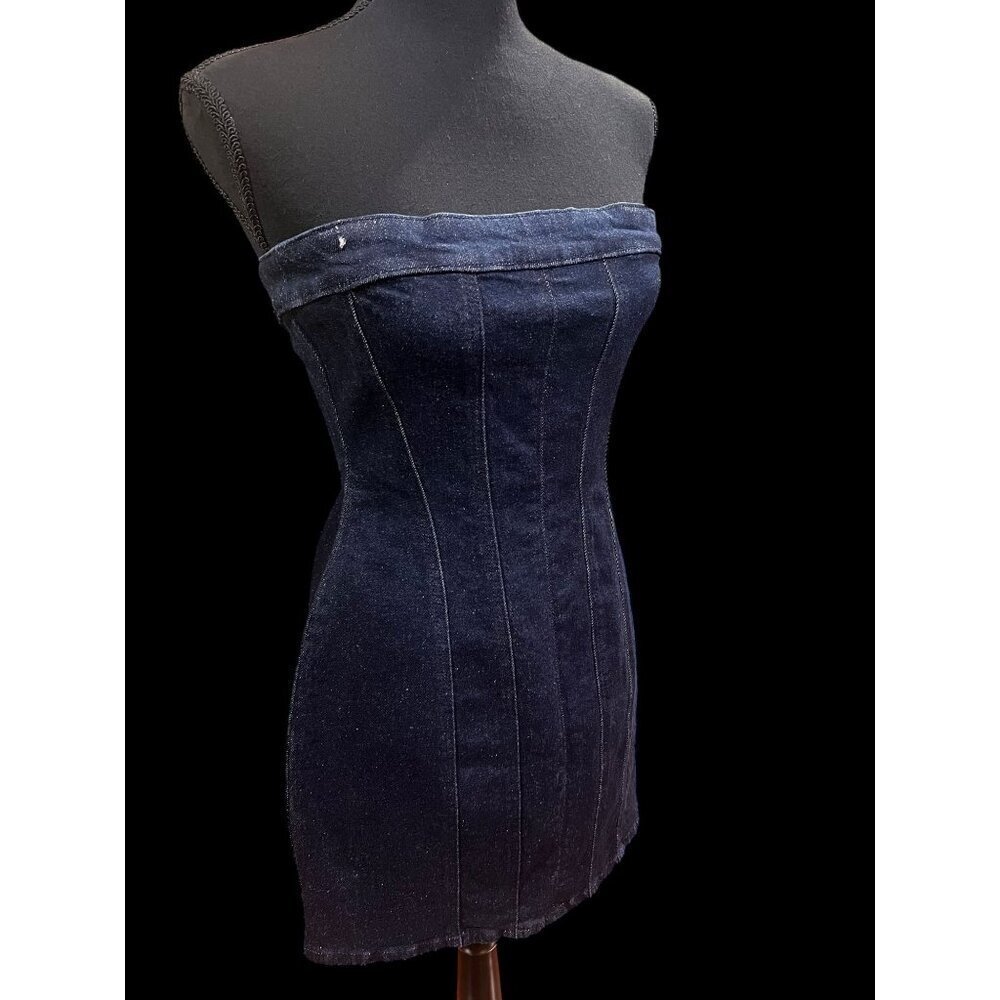 ZARA Strapless Mini Dress Women SM Dark Denim with stretch 90s western country - Picture 2 of 9